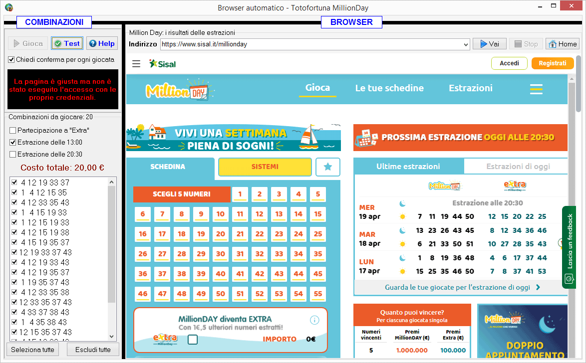 Schermata del browser automatico per giocare online al Million Day