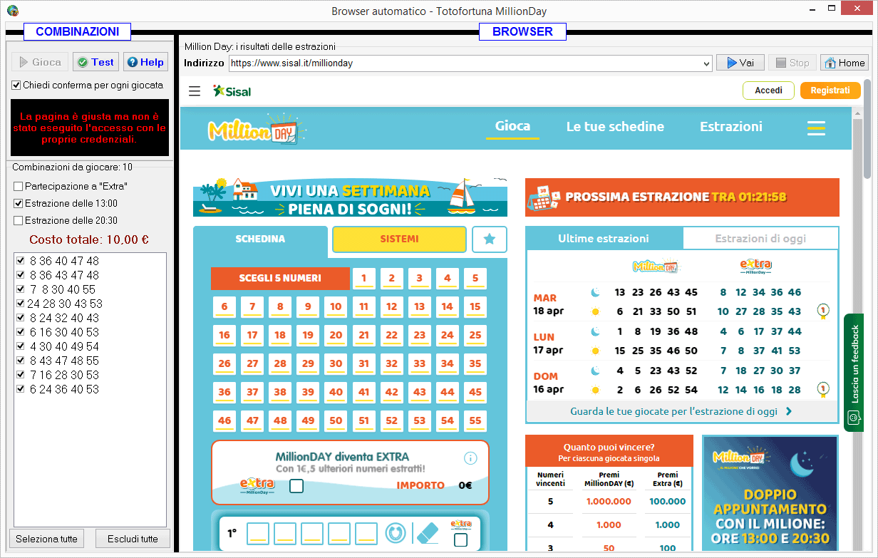 Schermata principale del browser automatico per giocare al Million Day